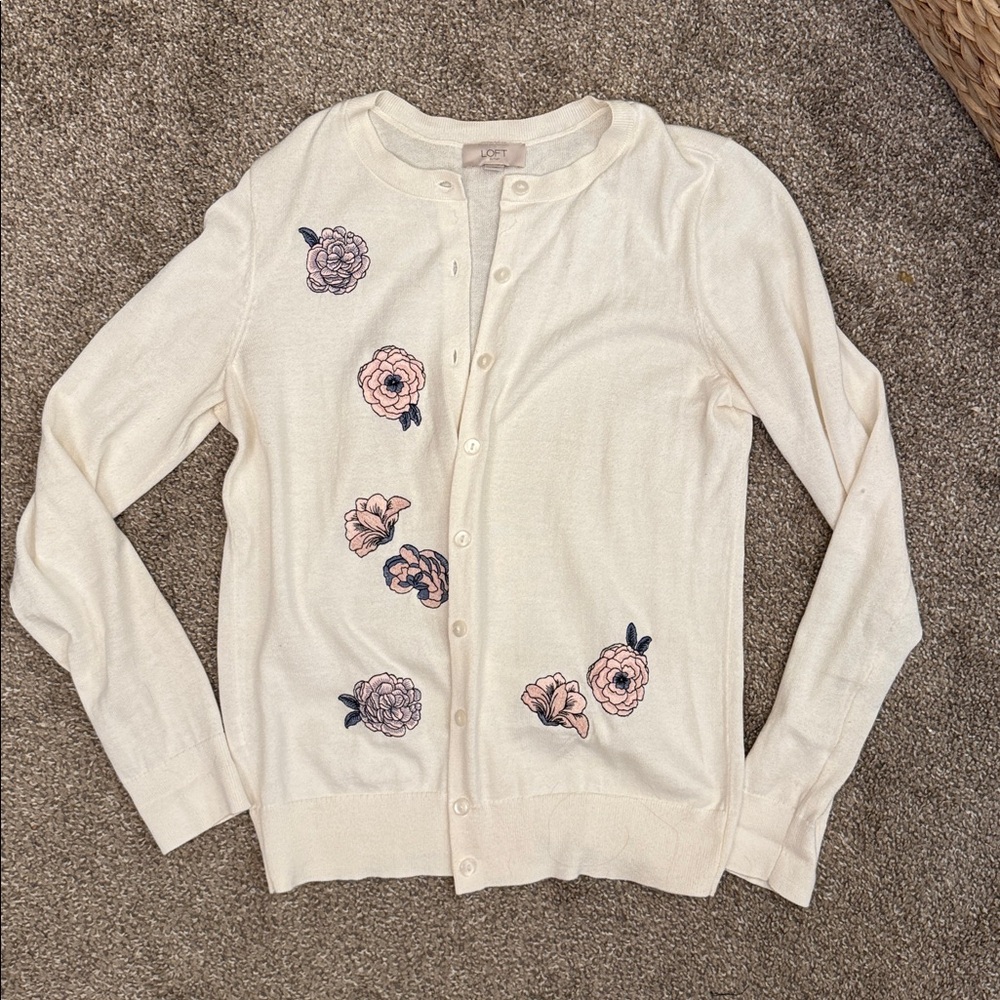 LOFT Cream Cardigan with Pink Floral Embroidery